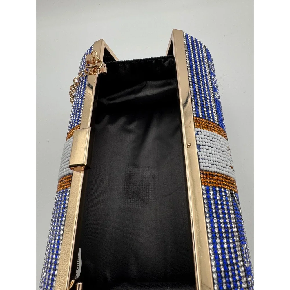 Rhinestone Money Roll Clutch Bag Blue‎ Gold Crystal Barrel Evening Purse